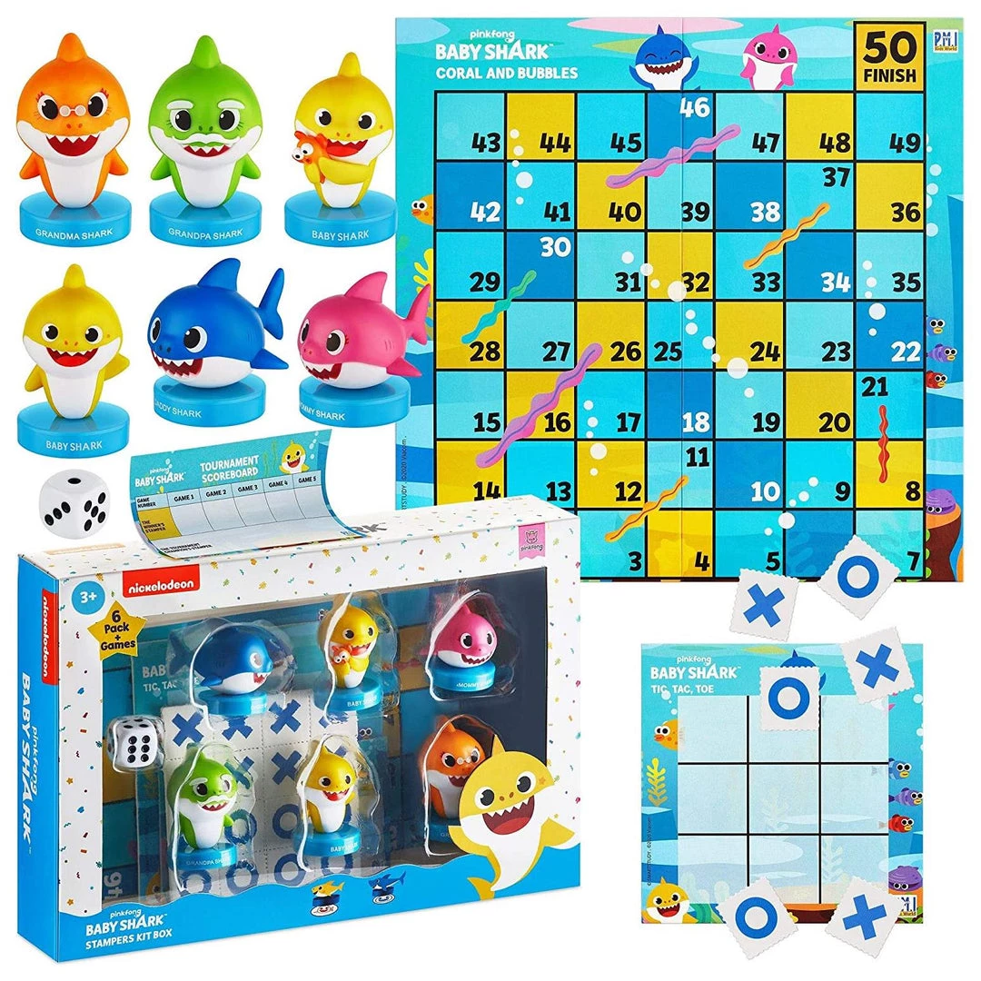 Action Figures Baby Shark Game Board Set Tic-Tac-Toe Chutes & Ladders Stampers Figures Kids Playset PMI International 3 Action Figures Baby Shark Game Board Set Tic-Tac-Toe Chutes & Ladders Stampers Figures Kids Playset PMI International