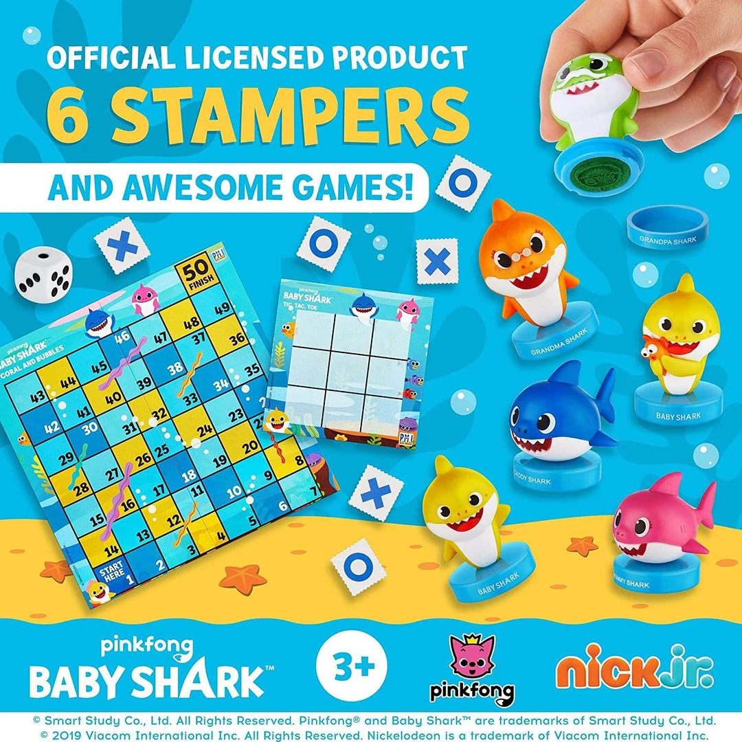 Action Figures Baby Shark Game Board Set Tic-Tac-Toe Chutes & Ladders Stampers Figures Kids Playset PMI International 4 Action Figures Baby Shark Game Board Set Tic-Tac-Toe Chutes & Ladders Stampers Figures Kids Playset PMI International